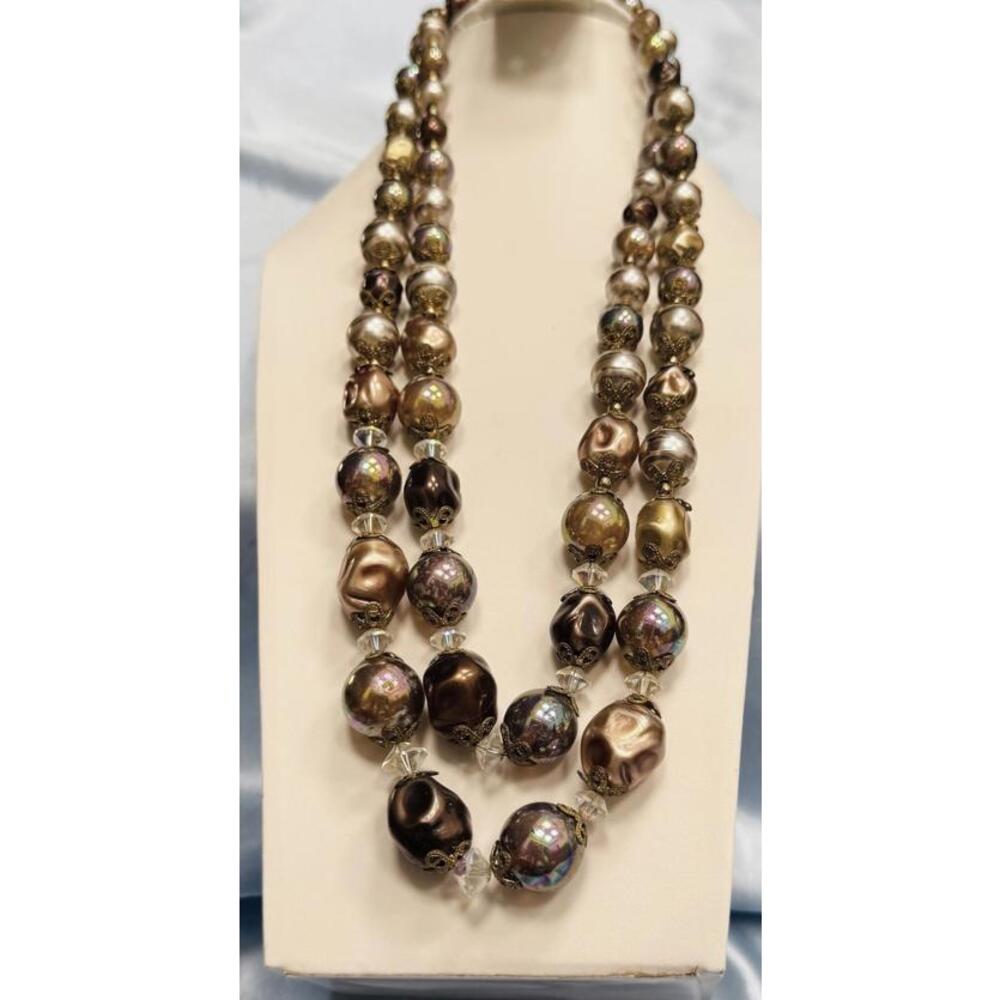 Two Strand Round Aurora Borealis Beads w/Brown/Light Brown Asymmetrical Necklace